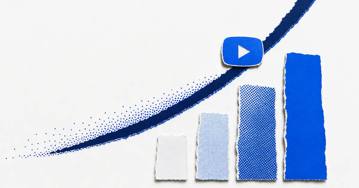 Gráfico de crescimento de horas assistidas no YouTube com ícone de play
