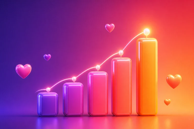 Live follower count rising on a chart with engagement icons